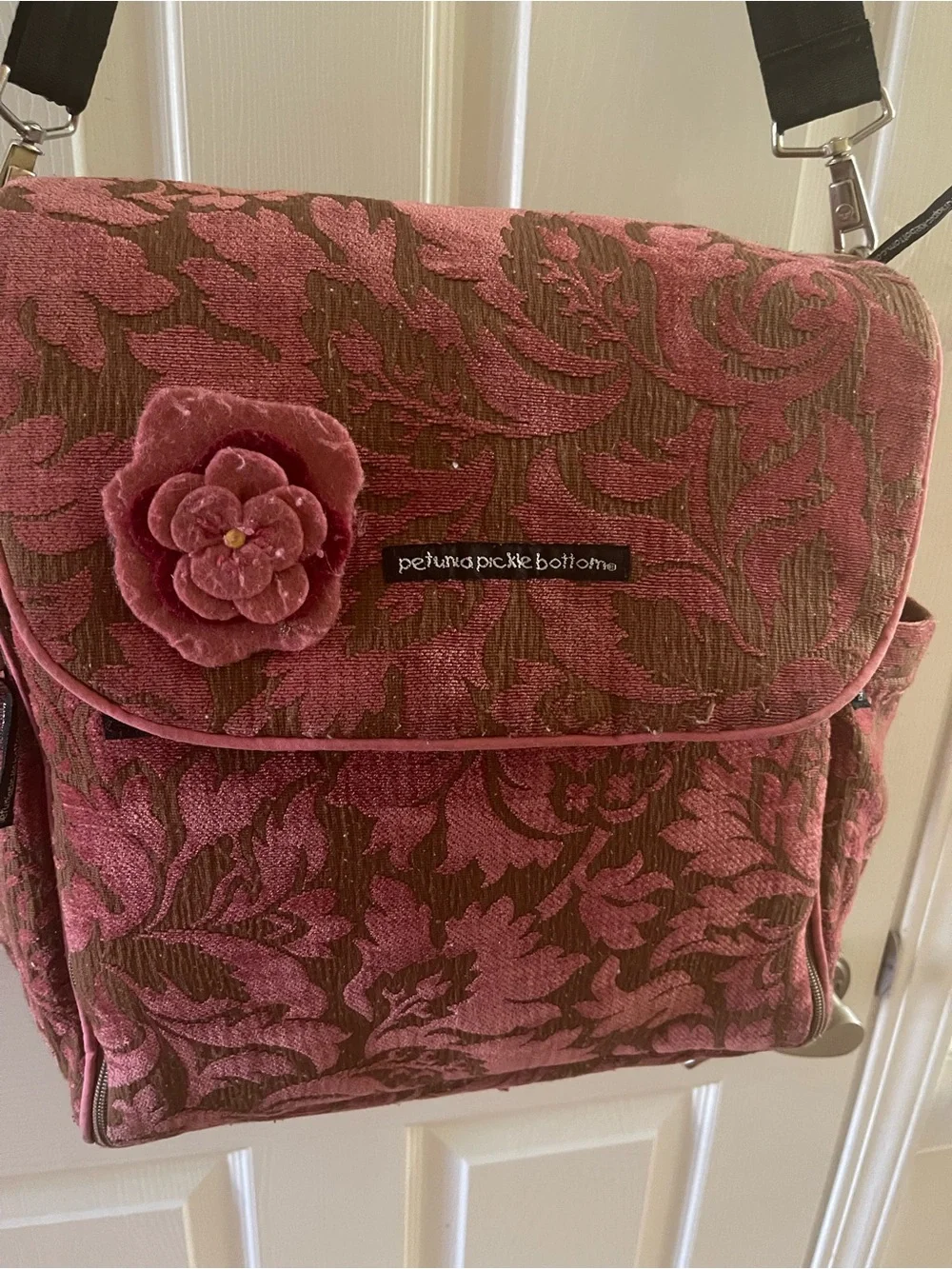 Petunia Pickle Bottom Pink Floral Jacquard Messenger Diaper Bag with Black Strap